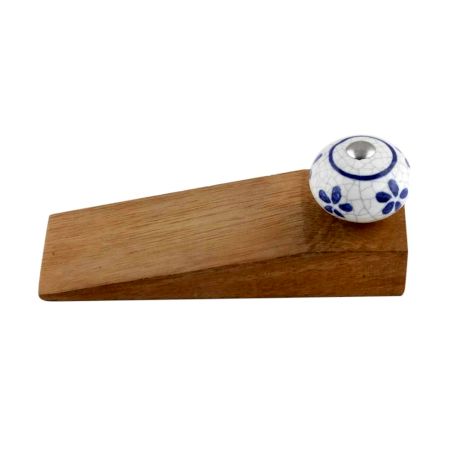 Blue Flower Crackle Ceramic Wooden Door Stopper